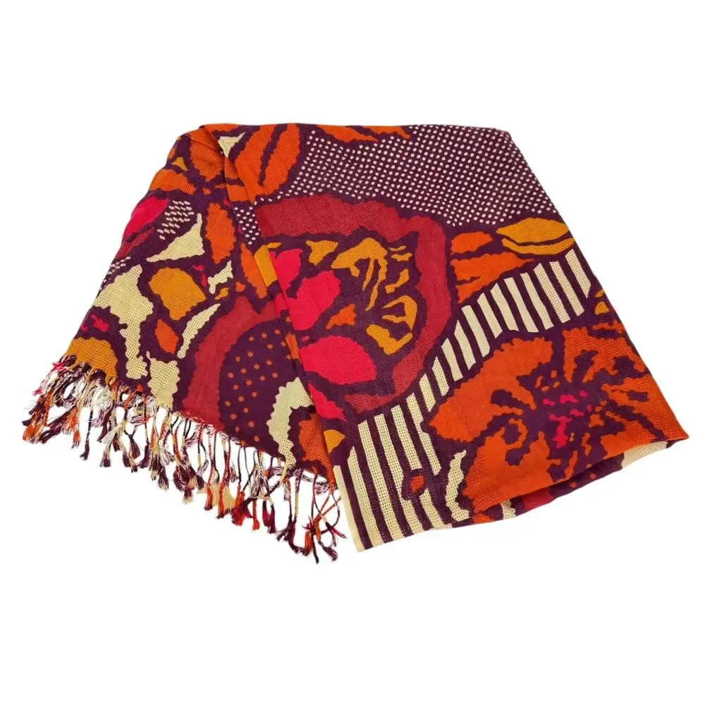 Jones New York Colorful Orange Purple Floral Print Fringe Scarf Wrap 76
